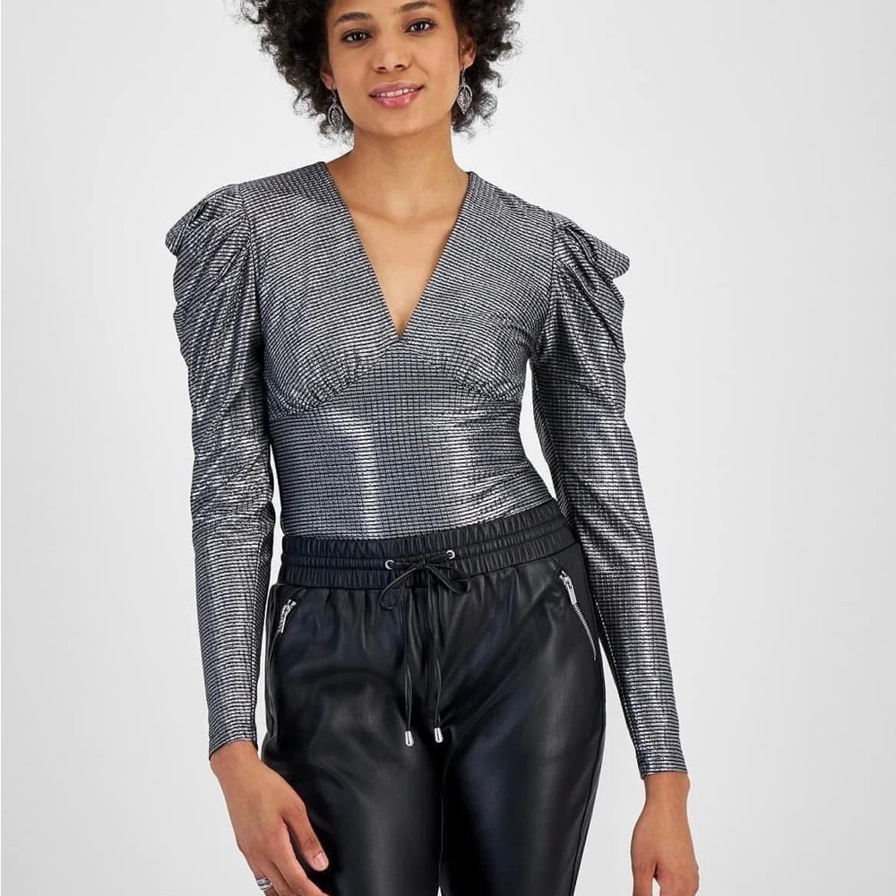 Bar III Silver Fitted Ruched Bodysuit